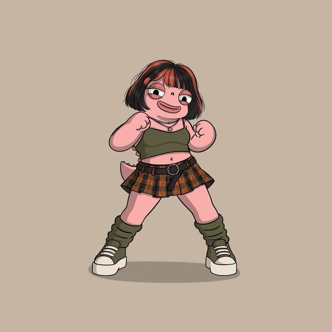 A cartoon illustration of a pink-skinned character with a black and red bob haircut, wearing a green crop top, plaid skirt, and high-top sneakers, standing in a confident pose with clenched fists.
