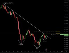 A Bitcoin (BTCUSD) candlestick chart displays a prolonged downtrend from an all-time high of $69,000, breaking below a descending trendline to form two distinct rounded bottom patterns at the lows, with a recent bullish reversal near $16,500 aligning with the post's claim that insiders have confirmed a market bottom.