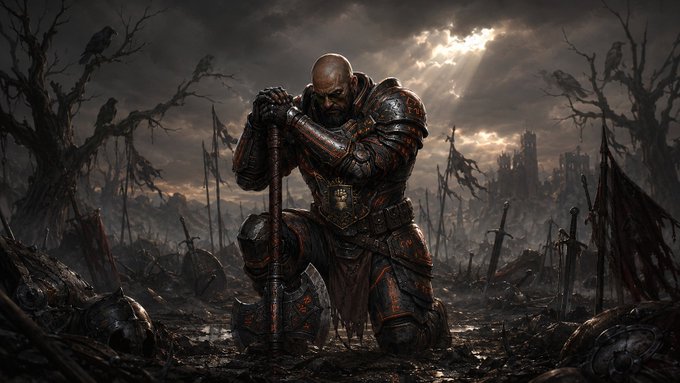 A weary, bald knight in rusted, red-and-black plate armor kneels in a desolate battlefield, leaning his hands on the hilt of his sword as dark storm clouds and ravens loom overhead. The image's somber, post-battle atmosphere reflects the post's message about an artist's meticulous, perfectionist dedication to detail on a 101-piece collection for @IronAllies_.