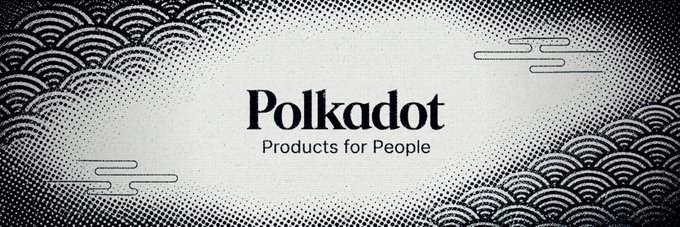 A black-and-white banner featuring wave patterns and cloud motifs displays the "Polkadot" name with the tagline "Products for People," visually reinforcing the brand's expansion from blockchain infrastructure to a comprehensive ecosystem of integrated products.