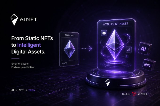 An 'AINFT' promotional banner reading 'From Static NFTs to Intelligent Digital Assets' with the Ethereum logo shown transforming into an intelligent asset, 'Built on TRON'.
