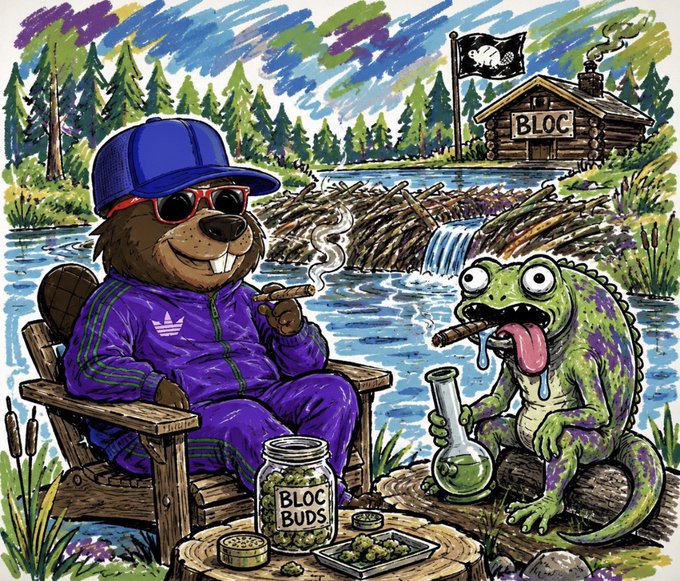 A cartoon-style illustration shows a beaver in purple Adidas tracksuit and sunglasses smoking a joint, sitting next to a green lizard also smoking, with a jar labeled 'BLOC BUDS' and a cabin with a pirate flag labeled 'BLOC' in the background.