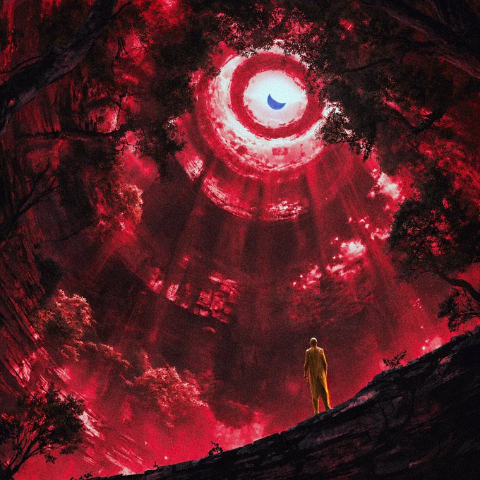 A surreal red-toned illustration shows a lone figure in a yellow suit standing on a rocky ledge, gazing up at a massive, spiraling celestial structure in the sky.