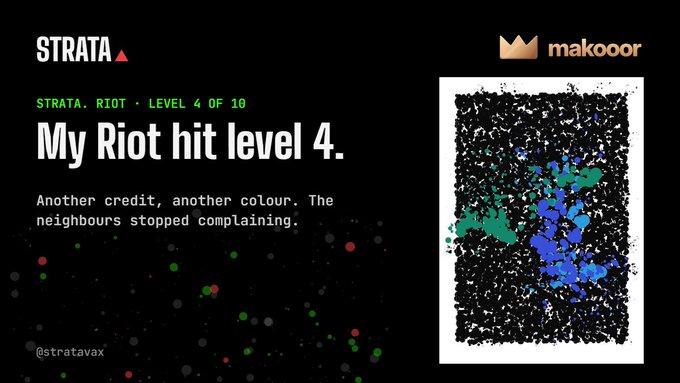 A promotional graphic for 'STRATA' with text reading 'STRATA. RIOT · LEVEL 4 OF 10' and 'My Riot hit level 4. Another credit, another colour. The neighbours stopped complaining,' alongside an abstract blue and green splatter artwork branded by 'makoor'.