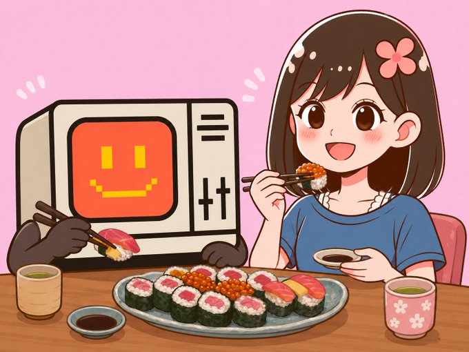 A cute anime-style illustration shows a smiling girl with a pink flower in her hair eating sushi, seated next to an anthropomorphic old computer monitor with a pixelated smiley face and dark hands holding chopsticks, with a plate of various sushi rolls and tea cups on the table.