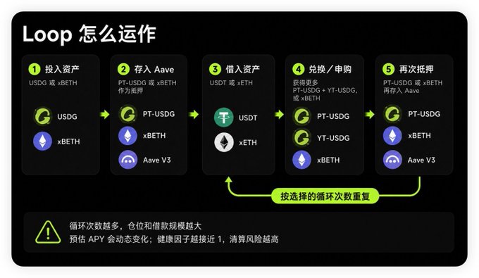 A Chinese infographic titled 'Loop 怎么运作' (How Loop Works), detailing a 5-step DeFi process involving USDC, xBETH, PT-USDG, Aave V3, and USDT, with a warning about liquidation risks.