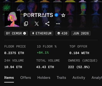 The image features a screenshot of a webpage that displays various data about portraits, including their price ranges (floors) and amounts available for purchase (eth). The text on the page indicates that these portraits have been created by an Ethist named "Cemr". Furthermore, there is a post with various offers related to Portraits in different tiers.
