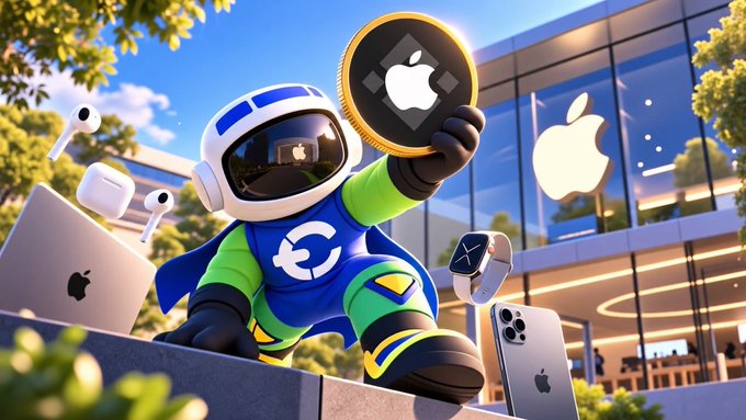 A futuristic astronaut character in blue and green gear holds up a Bitcoin-like coin featuring the Apple logo, surrounded by various Apple products including an iPhone, MacBook, AirPods, and an Apple Watch, with the iconic Apple store visible in the background—visually representing the expansive $AAPL ecosystem and the post's invitation to explore the business beyond just the gadgets.