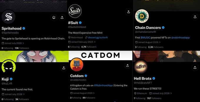 A grid of six social media profiles related to Robihood Chain, including Spritehood, Suit, Chain Dancers, Kuji, Catdom, and Hell Brats.