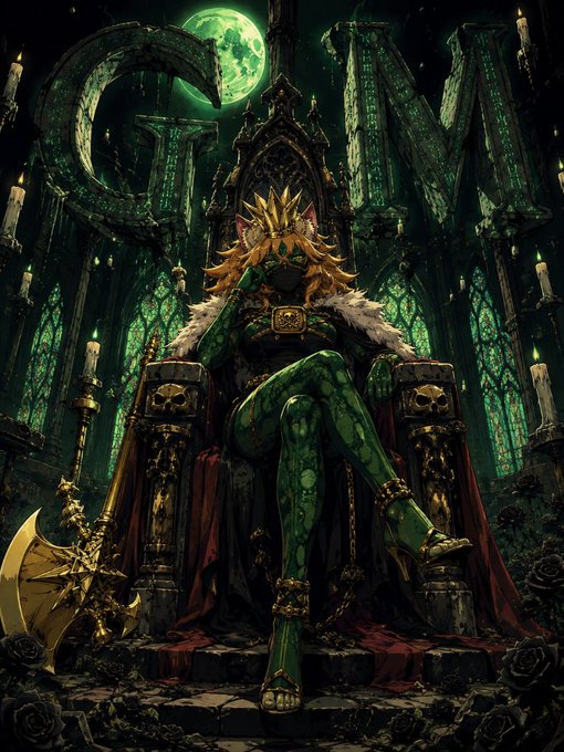 A dark fantasy digital artwork showing a crowned, green-skinned figure seated on an ornate gothic throne, holding a large golden axe, with the word 'GM' visible in the architecture behind them under a green moon.