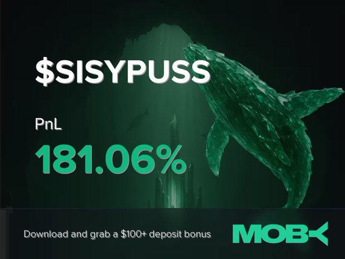 A Moby promotional image celebrates a $SISYPUSS trade win, displaying a green "PnL 181.06%" alongside a pixelated whale graphic, with text promoting a $100+ deposit bonus for downloading the Moby app.