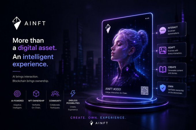 A promotional graphic for AiNFT describing digital assets as 'More than a digital asset. An intelligent experience' alongside an AI-generated female portrait.