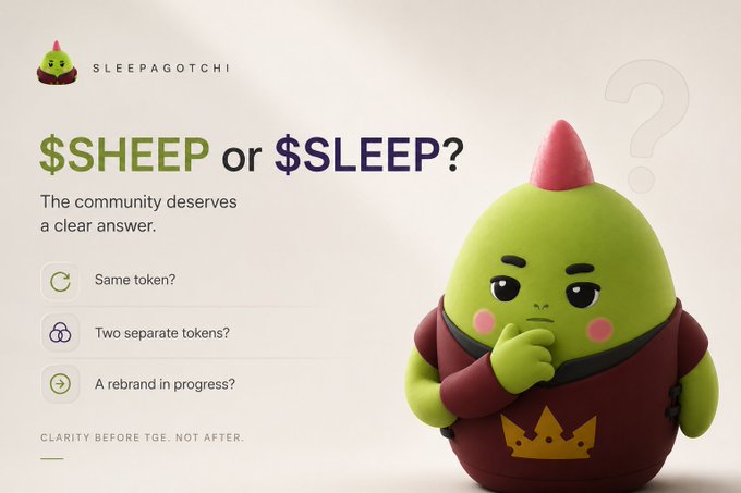 The image features a green toy figure of a character with a crown sitting next to a question mark. The text above the toy reads "SHEEP or $SLEEP?" and below the toy there are two different token tickers floating around, one labeled @sleepagotchi and another labeled @ai-credits.