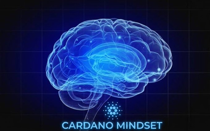 A graphic displaying a glowing blue 3D brain illustration with neural connections against a dark grid background, labeled 'CARDANO MINDSET' with the Cardano logo beneath it.