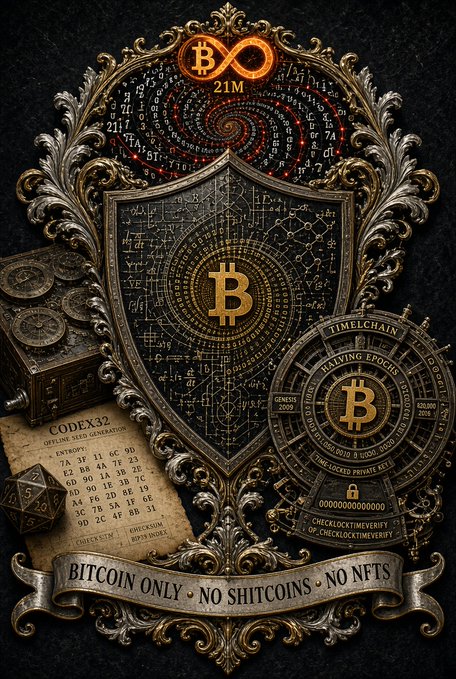 Stylized cryptocurrency art featuring ornate gold Bitcoin shield artwork with the text '21M' at top and a banner reading 'BITCOIN ONLY • NO SHITCOINS • NO NFTS' at the bottom.