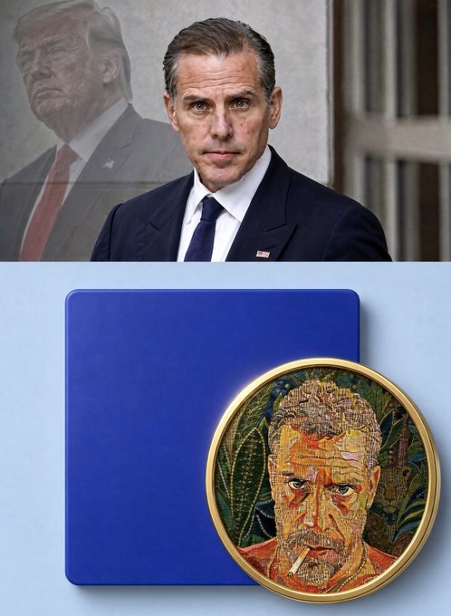 The image shows Hunter Biden alongside a faded image of Donald Trump, paired with a mosaic-style medallion depicting Trump on a blue background, visually tying together the two political figures mentioned in the post promoting the "$LAPTOP" meme coin launch as a follow-up to the "$TRUMP" coin.