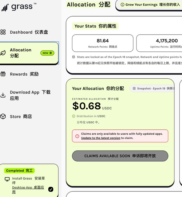 A Grass platform dashboard screenshot showing an Allocation page with 81.64 Network Points, 4,175,200 Uptime Points, and an estimated allocation of $0.68 USDC, marked as 'NEW' with a note that claims will be available soon.