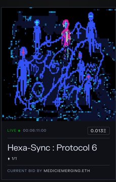 A dark NFT-style marketplace card featuring a blue-and-magenta pixel-art scene, labeled “LIVE • 00:08:11:00,” “0.01Ξ,” “Hexa-Sync : Protocol 6,” “1/1,” and “CURRENT BID BY MEDICEMERGING.ETH.”
