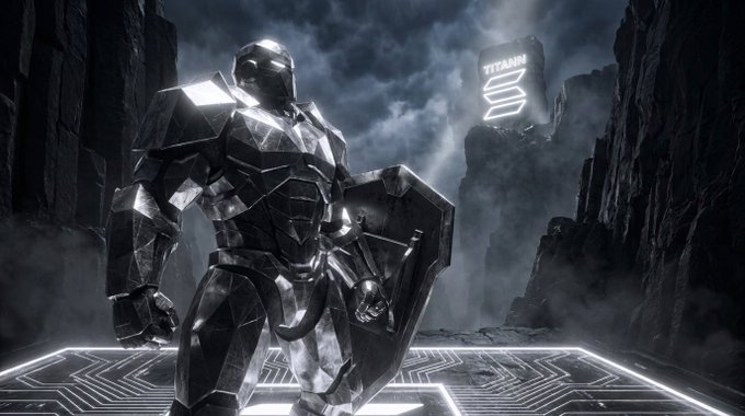 A futuristic armored figure stands in a rocky, cloudy landscape holding a shield, with a building in the background displaying the text 'TITANU'.