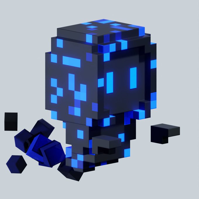 A 3D voxel-style rendering of a blue and black character resembling a Minecraft mob with floating geometric blocks around it on a gray background.