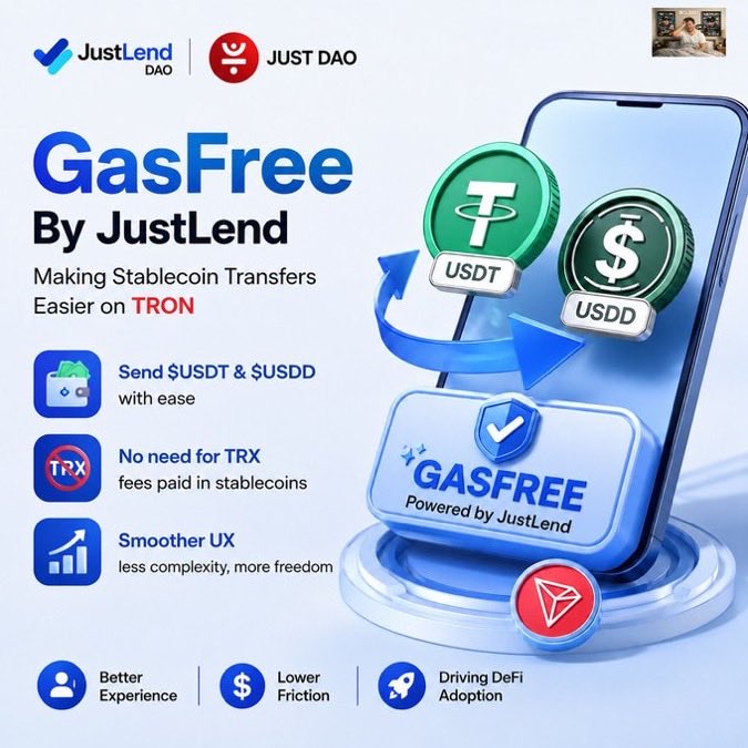 Promotional image for "GasFree By JustLend," a feature making stablecoin transfers easier on TRON, allowing users to send USDT and USDD without needing TRX for fees.