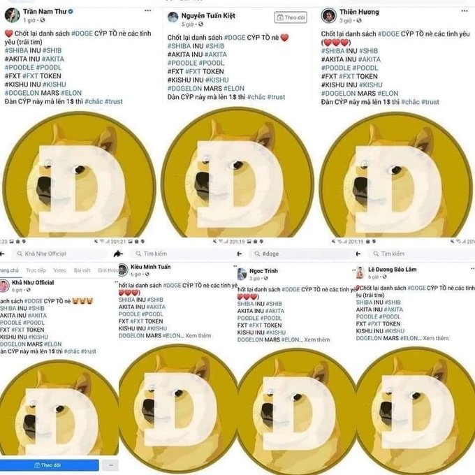 Collage of Vietnamese social media posts featuring a Dogecoin (D) logo over a Shiba Inu image, with hashtags like #SHIBA INU, #AKITA INU, #POODLE, #FXT TOKEN, and #KISHU INU.