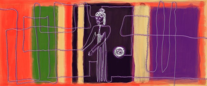 An abstract painting featuring a stylized female figure in a long dress rendered in white line work, set against vertical color blocks of red, green, black, cream, and purple with swirling white linear patterns.