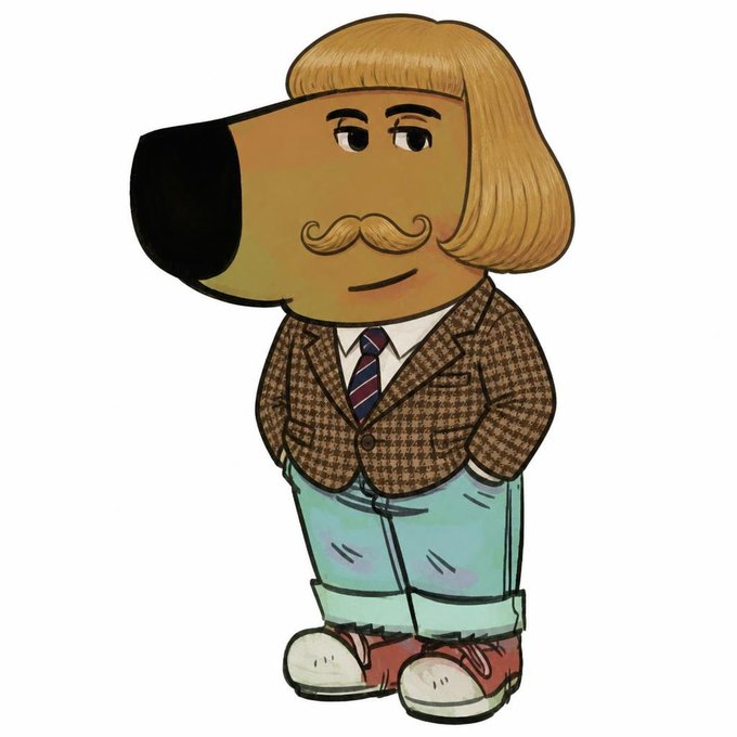 A cartoon illustration of a brown dog with a blonde bob haircut and a curly handlebar mustache, dressed in a brown checkered blazer, striped tie, and light blue jeans.