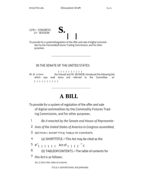 A page of U.S. legislative text titled 'Discussion Draft' introducing 'A BILL' to provide for the regulation of the offer and sale of digital commodities by the Commodity Futures Trading Commission.
