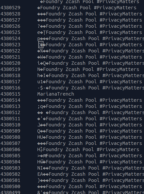 A terminal screen displaying mining pool logs with entries referencing 'Foundry Zcash Pool #PrivacyMatters' and one entry labeled 'MarianaTrench', listing sequential block numbers.