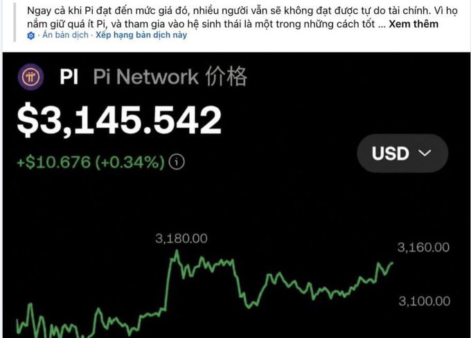 A screenshot showing a Pi Network price listing of $3,145.542 USD (up +0.34%), accompanied by Vietnamese text discussing Pi coin and a green price chart ranging between $3,100 and $3,180.