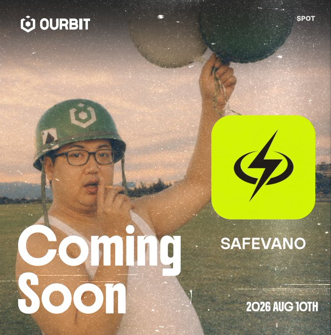 Promotional graphic for Ourbit Spot announcing the upcoming $SAFEVANO token listing on August 10, 2026, featuring a person in a military helmet holding balloons alongside the bright yellow Safevano lightning bolt logo.
