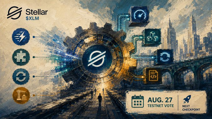 The image is a promotional graphic for Stellar ($XLM) featuring a gear-shaped central hub connecting to various infrastructure icons (speed, puzzle pieces, refresh cycles, and developer tools) against an industrial cityscape backdrop. Key text includes "Stellar $XLM," "AUG. 27 TESTNET VOTE," and "NEXT CHECKPOINT," which directly ties to the post's announcement of Stellar's Protocol 28 ("Adapter") infrastructure upgrade scheduled for August 27.