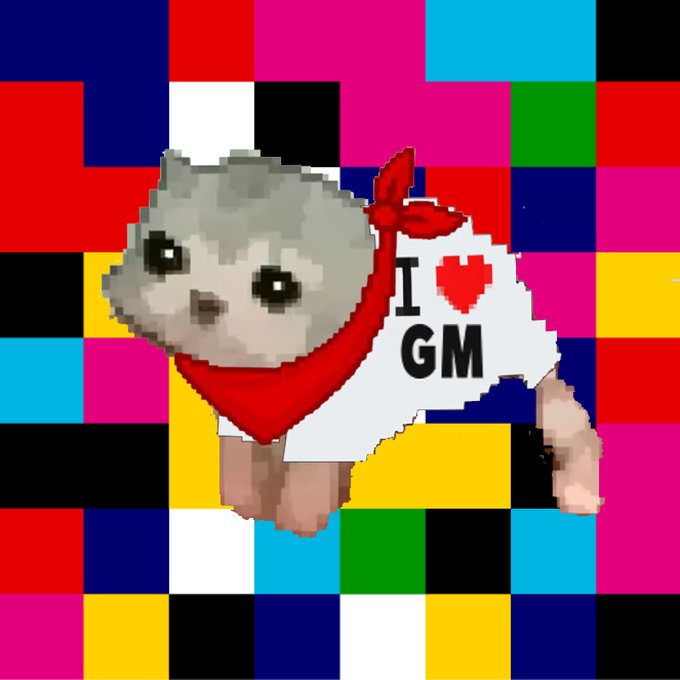 A pixelated white dog wearing a red bandana and a shirt that reads 'I ♥ GM' against a colorful checkered background.