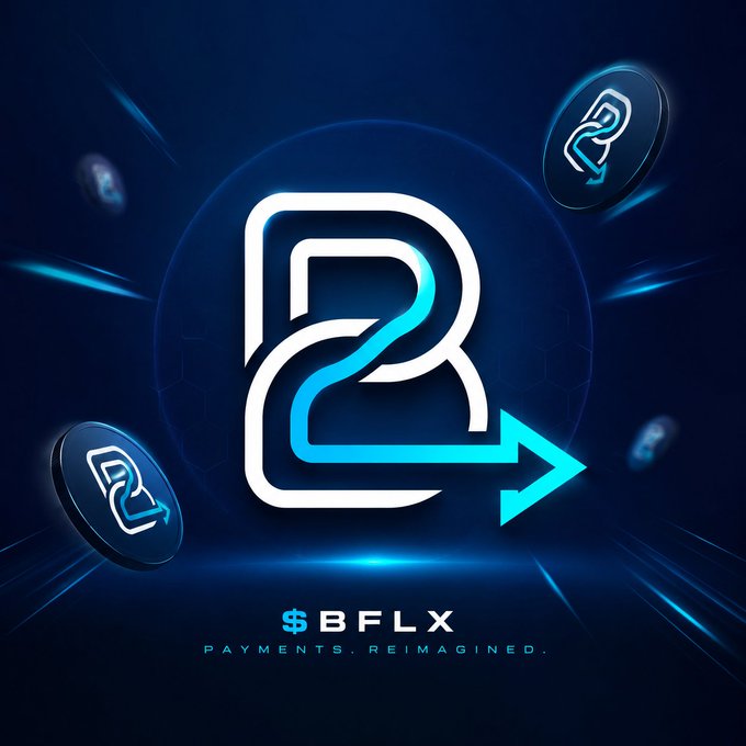A stylized "B" logo with an integrated arrow appears prominently against a dark blue, futuristic background featuring floating coin-like tokens and the text "$BFLX — PAYMENTS. REIMAGINED." The design visually reinforces the post's message by symbolizing forward motion and innovation in borderless, instant Web3 payments powered by the TON Blockchain.