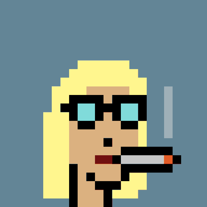 A pixel art illustration of a blonde character with sunglasses smoking a cigarette against a blue background.