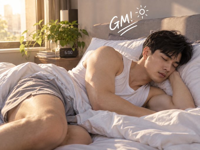 A young man sleeps in bed wearing a white tank top and gray shorts, with a 'GM!' doodle and sun drawn in the upper right corner, and an alarm clock showing 6:00 on the nightstand.
