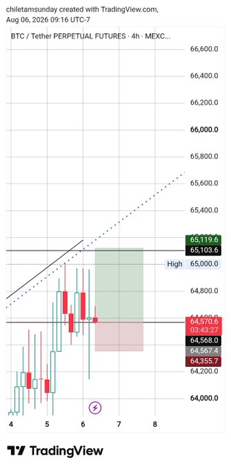 TradingView chart of BTC/Tether Perpetual Futures on MEXC with a 4-hour timeframe, dated August 6, 2026, showing a potential bullish setup with marked entry zone, high at 65,103.66, and target around 65,567.4.