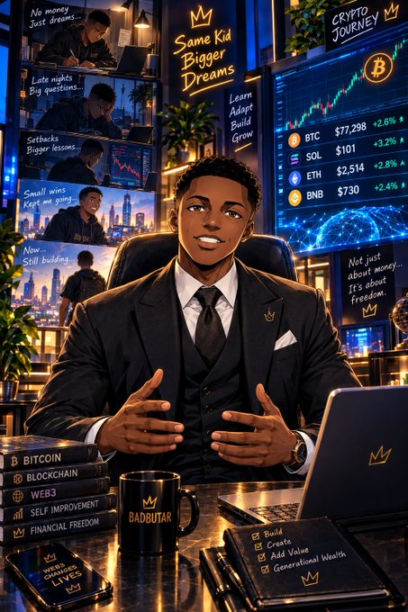 An illustrated portrait of a young man in a suit at a desk labeled 'BADBUTAR,' with screens showing crypto journey text like 'No money. Just dreams,' 'Late nights. Big questions,' and crypto prices (BTC $77,298 +2.6%, SOL $101 +3.2%, ETH $2,514 +2.8%, BNB $730 +2.4%) under banners reading 'Same Kid Bigger Dreams' and 'Crypto Journey.'