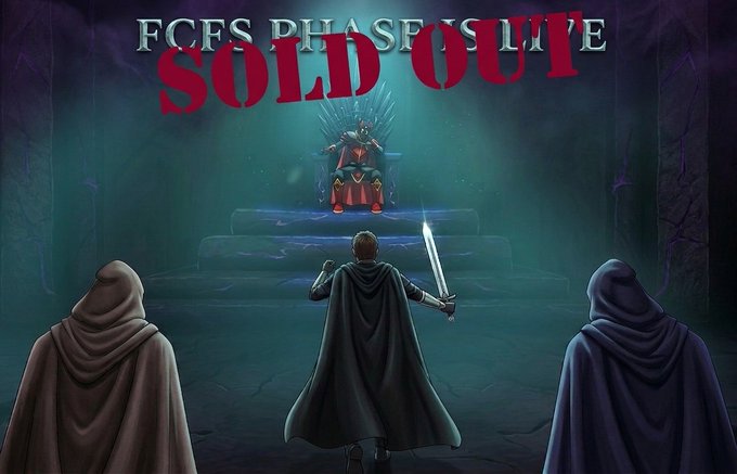A fantasy illustration with the text 'FCFS PHASE IS LIVE SOLD OUT' overlaid, depicting three cloaked figures approaching a king seated on a dark throne holding a sword, with the central figure raising a glowing sword.
