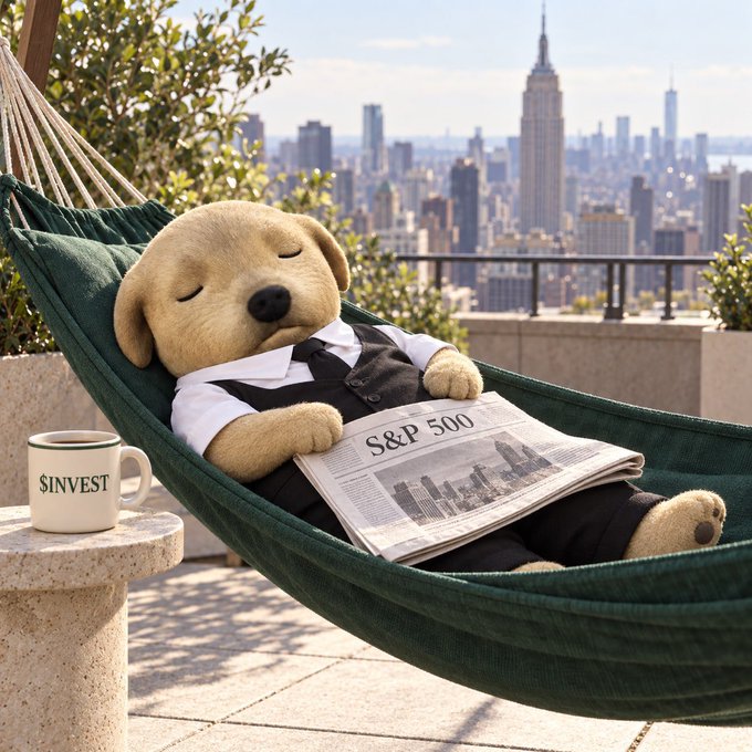 A digitally created scene of a plush Labrador dog dressed in a business suit relaxing in a green hammock while reading a 'S&P 500' newspaper, with a '$INVEST' coffee mug beside it and a city skyline view.