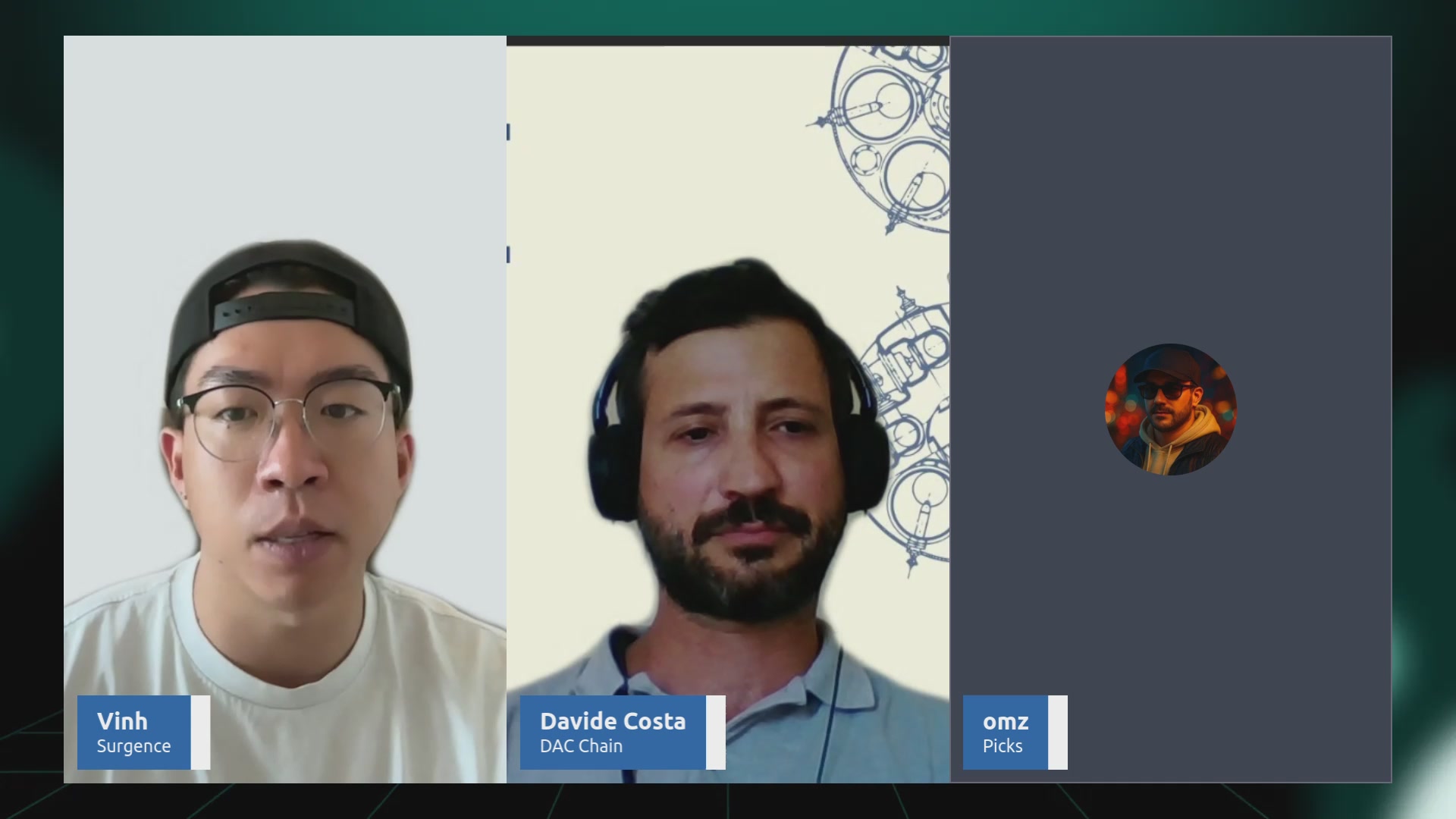The image shows three men with headphones on their heads, each wearing a hat. They are all facing different directions, giving an impression of them being part of separate conversations or events happening simultaneously. The background appears to be a computer screen displaying a message about Quantum Proof L1s and its benefits.