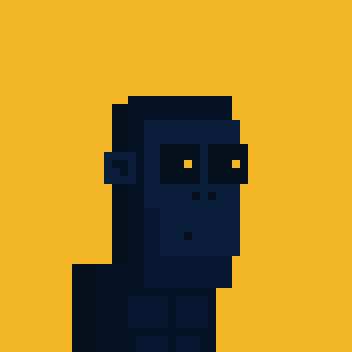 A pixel art character with a dark blue body and yellow eyes set against an orange background.