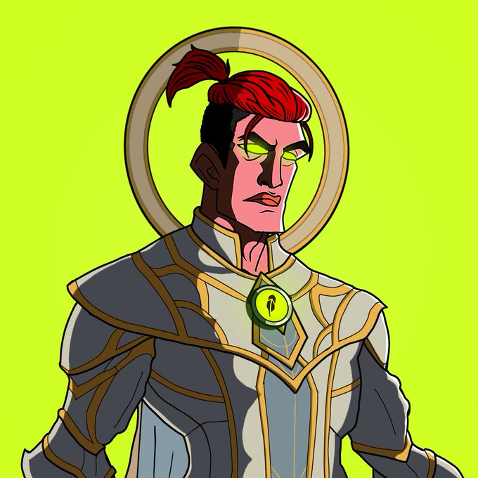 A digital illustration depicts a stylized character with red hair tied in a topknot, a halo behind their head, and green eyes, wearing ornate gray and gold armor with a glowing green gem at the chest—resembling a "Titan" figure that visually represents the artistic vision behind the Titans NFT project the post describes.