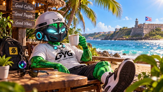 A green-skinned figure wearing a futuristic black mask, white cap, and "GXG GET YOUR GANZ" t-shirt relaxes on a beach chair holding a coffee mug, with a sign reading "Good Coffee / Good People / Good Vibes" beside them.