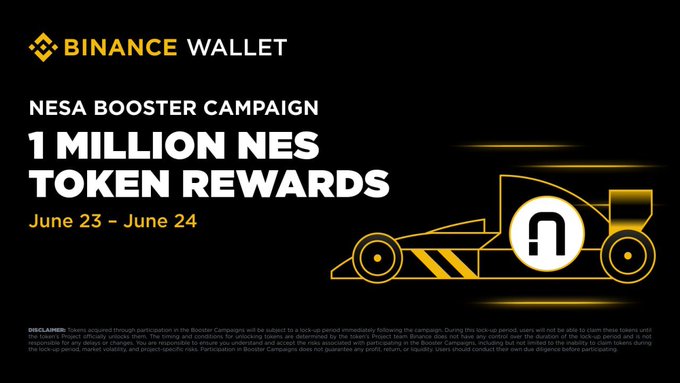 The image features a poster for a Kickstarter campaign for a new type of racing car, with a yellow background and black text. The poster includes an image of a race car and the text "Binance Wallet" at the top. Below this is a list of details about the campaign, including that it's worth 1M tokens and offers 50,000 winning slots for those who invest in the project.