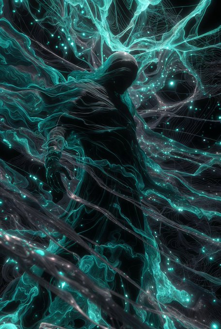 A dark, abstract digital artwork featuring a hooded silhouette surrounded by swirling, luminous teal energy and glowing particles.