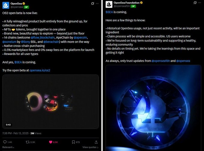 Two Twitter/X posts from OpenSea (@opensea and @openseafdn) announcing the OS2 open beta launch and previewing upcoming SSEA features, with embedded video and image previews.