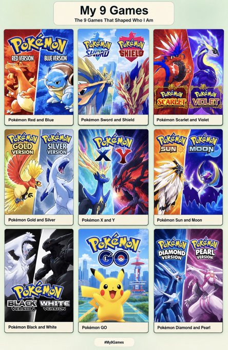 A poster titled 'My 9 Games - The 9 Games That Shaped Who I Am' displays cover art for various Pokémon titles including Red and Blue, Sword and Shield, Scarlet and Violet, Gold and Silver, X and Y, Sun and Moon, Black and White, GO, and Diamond and Pearl.