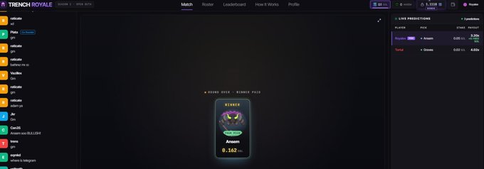 A screenshot of a Trench Royale interface showing a 4-player match with a winner pool of 6.362 Tron.